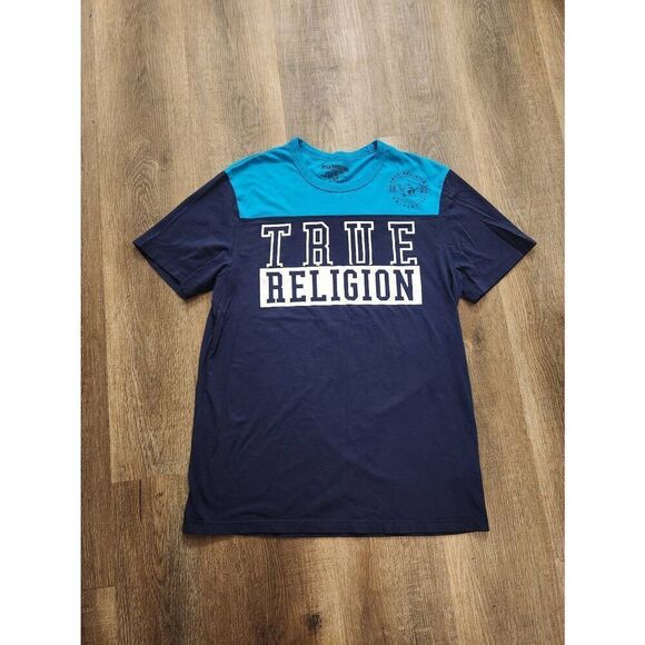 True Religion men's Medium colorblock Spellout shirt two-tone T-shirt - Picture 1 of 7